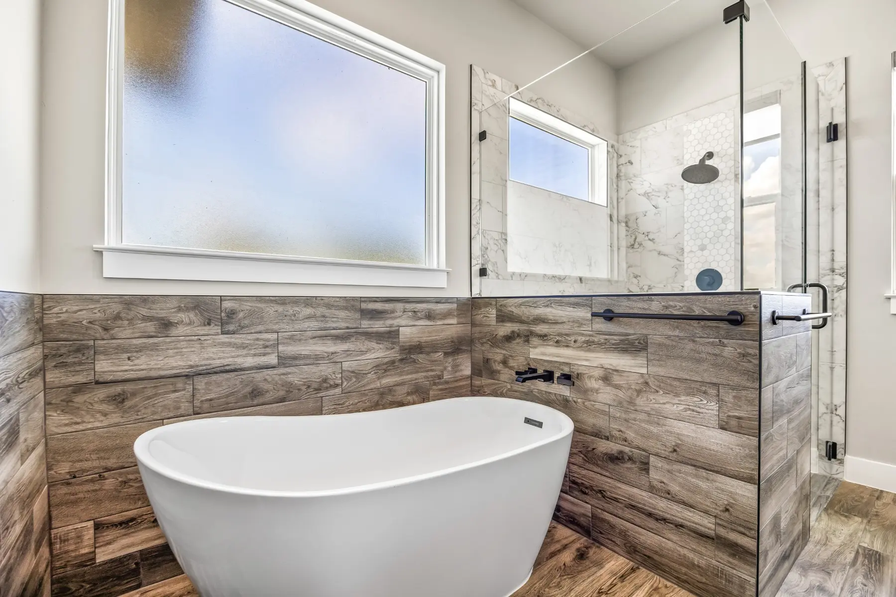 Brook Canyon bathroom with freestanding soaking tub and walk-in shower